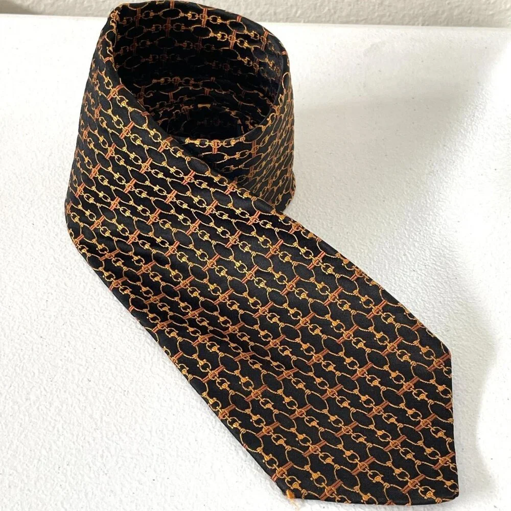 Robert Talbott Best Of Class Handsewn Silk Tie Gold Chain Print Black Made In US